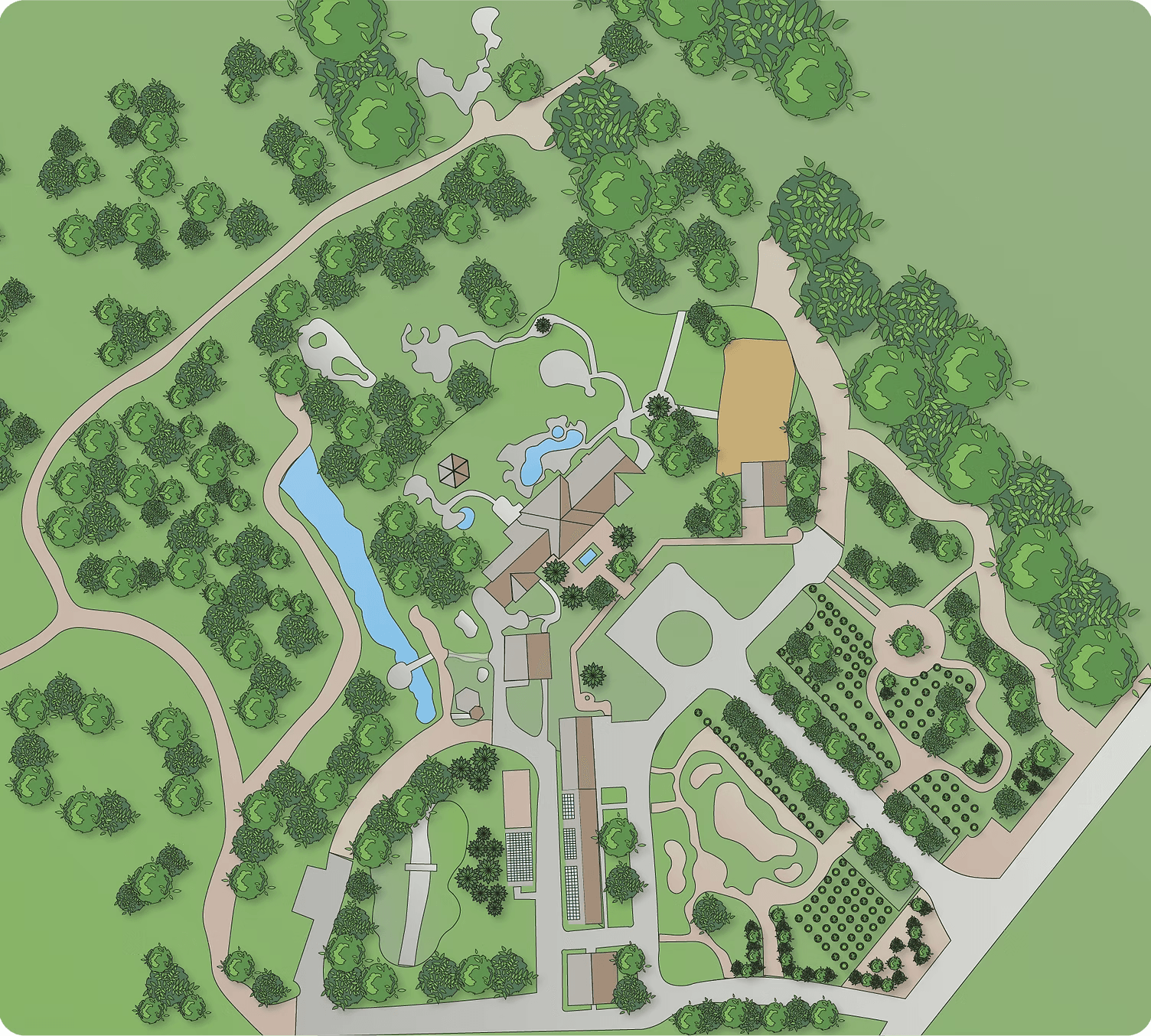Illustrated aerial map of Woodpecker Ranch grounds